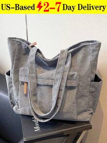 『US-Based Shipping』Simple Solid Color Corduroy Tote Bag For Women, Large Capacity Casual Outdoor Vacation Travel Shoulder Bag, Lightweight Versatile Shopping Groceries Storage Handbag, Portable Multi-Pocket Commuting Bags For Daily Office Work, Large School Tote Bag, Multiple Compartments, Perfect For Beach, School, Work & Daily Use, Literary School Bag & Bookbag For Women Or Students, Vintage Satchel Shopping Bag College Computer Bags Large Capacity, Lightweight, Portable, Suitable For Teen  Perfect For Back To School, New Fall Fashion 2025 For Women,Large Capacity Casual Outdoor Vacation Travel Shoulder Bag, Lightweight Versatile Shopping Groceries Storage Handbag, Portable Multi-Pocket Commuting Bags For Daily Office Work, Large School Tote Bag, Multiple Compartments, Perfect For Beach, School, Work & Daily Use, Literary School Bag & Bookbag For Women Or Students,Bolsos Para Mujer,Tote Bags For Women,Bags For Women,Shoulder Bag,Carteras,Carteras Para Mujer,Bolsas,Designer Handbags - 灰色 - 查看 11