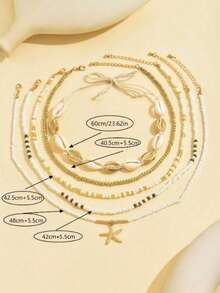 5pcs/Set Bohemian Style Random Colored Glass Bead, Shell, Starfish Pendant Necklace Set, Suitable For Beach, Holiday, Party - Beige - View 4