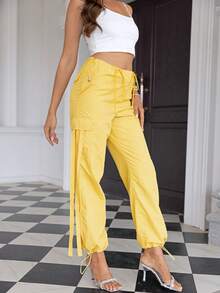 Joyfunear Quần cargo nữ màu trơn, kiểu dáng thường ngày, cạp chun có dây rút, thích hợp cho mùa xuân. - Màu vàng - Xem 3