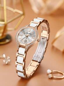 多功能圆形女士腕表，高价值小众时尚，简约百搭新款轻盈奢华石英合金陶瓷腕表，新款轻盈奢华小众女士腕表，石英机芯，镶钻圆形表盘，高端品质，跨境时尚。 - 白色 - 查看 3