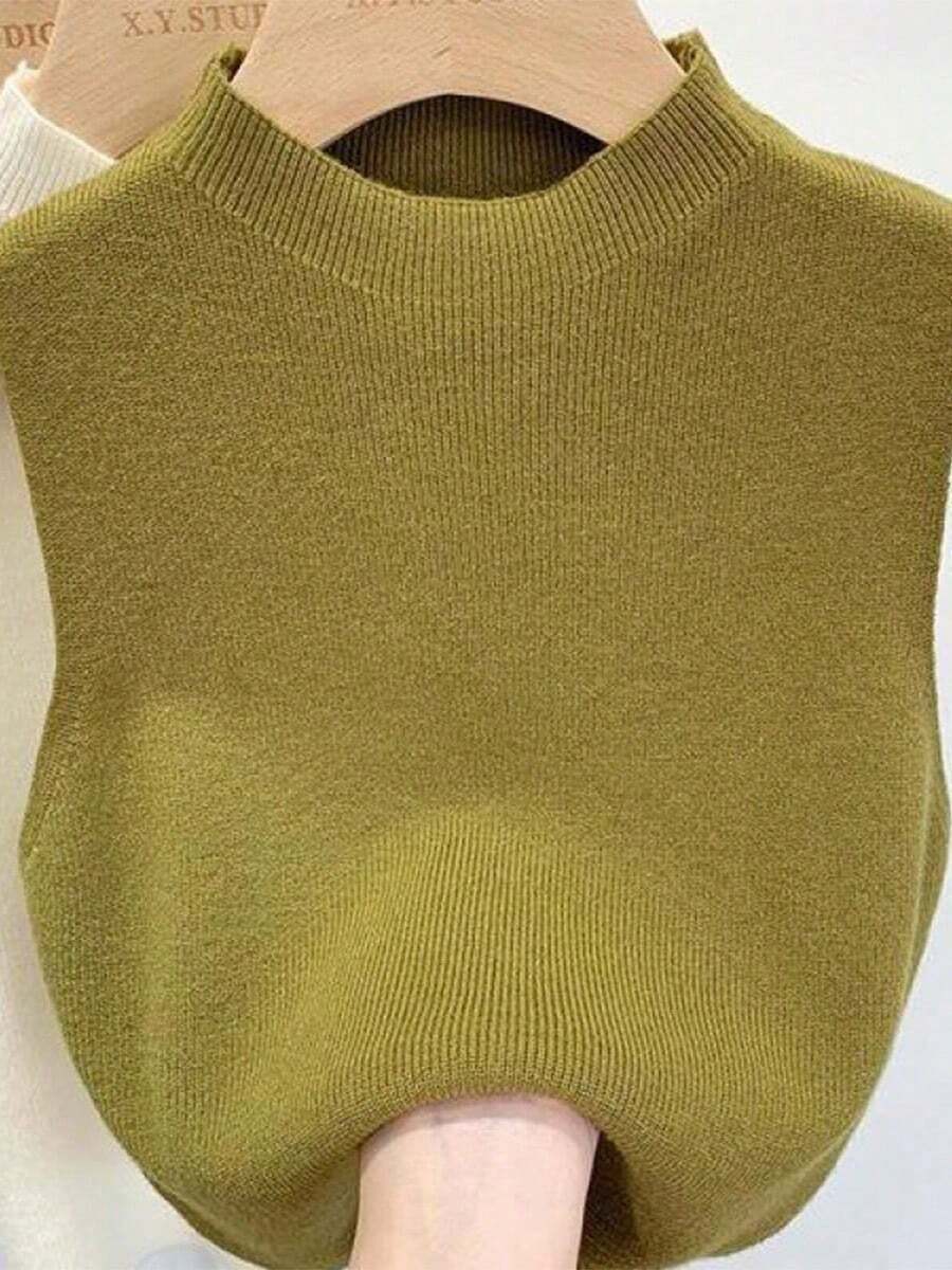 Camiseta sin mangas de punto para mujer, suéter corto y ajustado sin mangas, suéteres sólidos para primavera y otoño - Verde - Ver 1