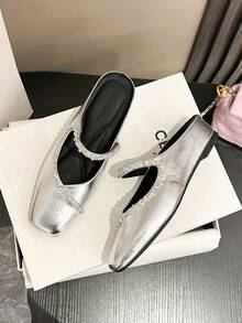 Women's Rhinestone Embellished T-Strap Flat Shoes, Versatile & Commuter-Friendly With Hidden Wedge Heel - Silver - View 10