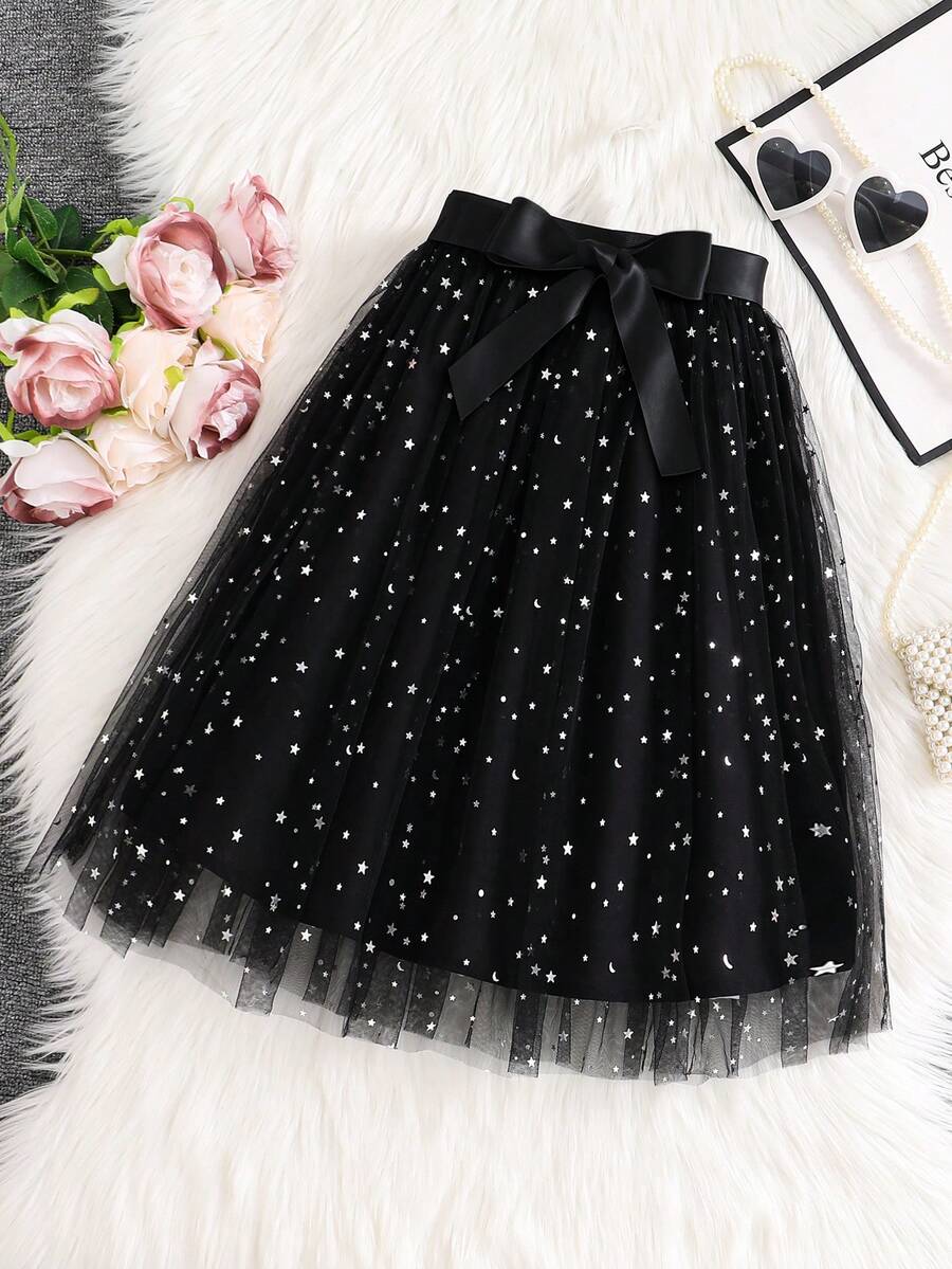 Tween Girls' Summer Star Print Bow Decor Mesh Skirt