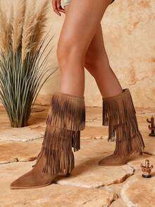 Women's Vintage Western Fringe Boots Pointed Toe Stiletto High Heel Mid Calf Boots Retro Fashionable Tassel Countryside Riding Dress Shoes Woman - 駝色 - 查看 2