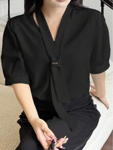 女士休闲及办公纯色系带短袖衬衫 - 黑色 - 查看 7