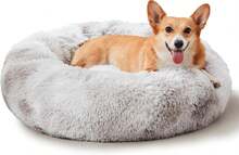 Calming Soft Round Dog & Cat Bed, Anti-Anxiety Donut Cuddler Warming Cozy Fluffy Faux Fur Plush Cushion Bed For Small Medium Pets (20"/24"/27"/30"), Light Grey - Trắng Xám - Xem 13