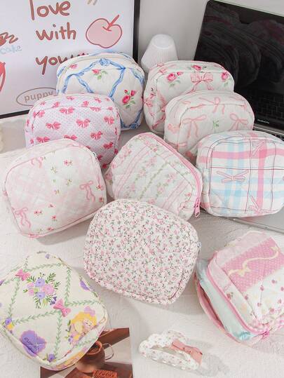 Cute Quilted Makeup Bag Coquette Cosmetic Bag Aesthetic Travel Toiletry Bags Sanitary Napkin Bag Portable Makeup Bag Menstrual Pad Tampon Organizer