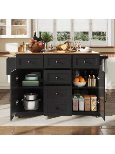 High Quality Kitchen Isl Multifunctional Serving Cart Wood Grain Large Storage Space, Mobile Buffet Cabinet, Dining Room, Living Kitchen, Zwart view 4