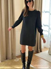 黑色纯色休闲优雅可爱纽扣罗纹长袖连衣裙 - 黑色 - 查看 5