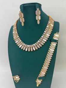 4pcs Dubai Style Luxury Seashell Jewelry Set, Micro-Inlaid Zirconia Necklace, Bracelet, Ring, Earrings, Fashionable Middle Eastern Style, Suitable For Daily Wear, One Size