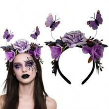 Purple Rose Flower Butterfly Headband Crown Headpiece Day Of The Dead Halloween Wedding Party Hair Hoop For Women Fairy Accessories Supplies
