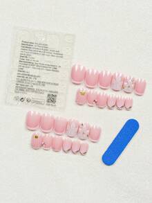 24片短方形美甲贴纸，简约白色法式3D花卉、贝壳、海星、白色珍珠美甲贴花，可爱优雅的美甲装饰套装，适合日常佩戴和派对（包含：1片果冻胶和1片指甲抛光条）美甲用品 - 彩色 - 查看 2