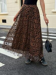 Look Polly Jupe élégante décontractée à taille haute léopard pour femmes en automne-hiver. Style de vacances à la plage digne, avec un sens du style de l'argent ancien. Vêtements occidentaux pour femmes pour les invités de mariage. Jupe en forme de parapluie, imprimé guépard, tenue de Thanksgiving pour femmes