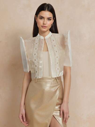 现代菲律宾风格女士优雅花瓣袖短袖衬衫