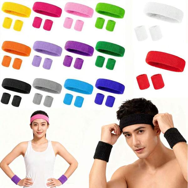 Set de 3 diademas/muñequeras para hombres y mujeres - Bandas transpirables de algodón de rizo sólido para tenis, baloncesto, correr, gimnasio, entrenamiento, color liso de nailon
