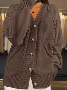 Women's V-Neck Cardigan A Loose-Fit Long-Sleeve Style With Fried Noodle Pattern & Retro Button Design. This Machine-Washable Casual Winter Outerwear Is Suitable For Office And Daily Outfits. - 棕色 - 查看 3