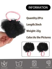 儿童 2 件装双蓬蓬马尾辫卷发发髻 适合 0-5 岁儿童 天然黑色合成假发 适合日常佩戴和生日派对