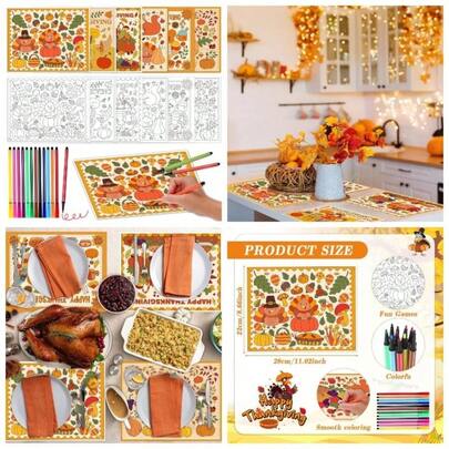 - 24 manteles individuales para colorear pavo de Accin de Gracias con 24 bolgrafos de pintura, tapete desechable de calabaza para cosecha, agradecido, aula, actividades de bricolaje, manteles