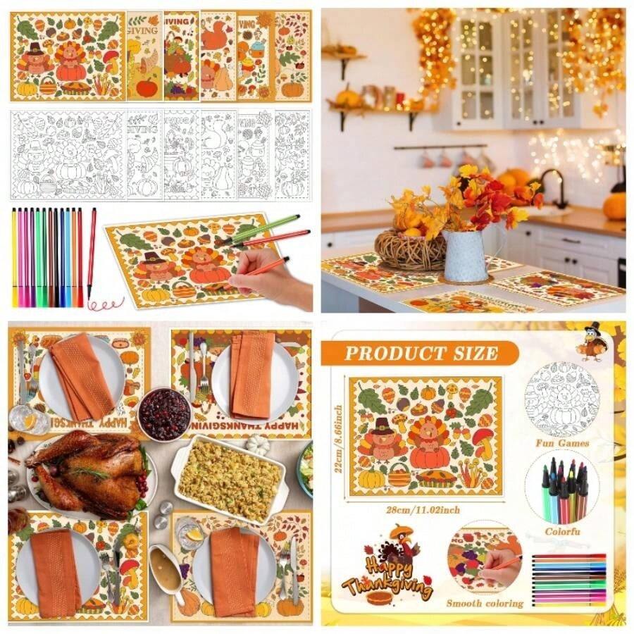 - 24 manteles individuales para colorear pavo de Accin de Gracias con 24 bolgrafos de pintura, tapete desechable de calabaza para cosecha, agradecido, aula, actividades de bricolaje, manteles - Multicolor - Ver 1