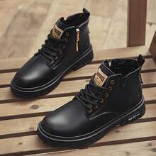 Men's Solid Color Casual Boots, Side Zipper Lace-Up Walking Shoes, Suitable For Various Outdoor Activities, Brown, Spring/Autumn/Winter - Black - View 6