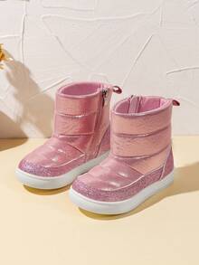 黑色轻便厚底男女通用侧拉链儿童雪地靴，舒适透气防滑防寒户外时尚休闲徒步远足跑步休闲高帮多功能平底靴 - 粉色 - 查看 5