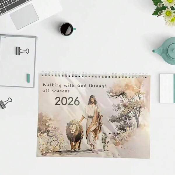 1 PC 2026 Christian Inspirational Wall Calendar - Walking With Lion & Lamb Religious Art, Daily Scripture Reflections, Monthly Planner With Hanging Hooks - Faith-Based Home Office Decor, Spiritual Gift For Christians (Bible Verse Included), Faith Community, Perfect For Room Decor,Christmas, Christmas Gifts, Christmas Decorations, New Year Gifts, New Year Decorations