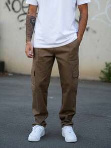 Men's Light Brown Cargo Pants With Drawstring Waist And Slight Stretch Long Trousers Loose Casual Streetwear Skateboard Unisex - 摩卡棕 - 查看 3