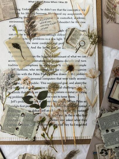 50pcs/Pack Vintage Handwritten English Letter, Plant & Flower Decor Stickers, DIY Creative Scrapbooking, Journal, Decoration Scrapbook Supplies Stationery