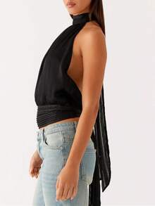 Women's Halter Pleated Chiffon Tank Top Sleeveless Neckline Tie-Up Open Back Tie Casual Blouses 2025 Summer Tops - 黑色 - 查看 2