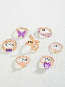 Set de 7 anillos de aleación con rhinestones y diseño de goteo morado, diseño exclusivo, moda Ins, anillos apilables personalizados y huecos