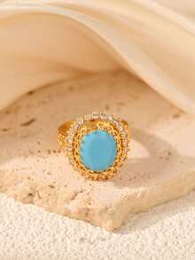 Anel feminino vintage elegante, banhado a ouro 18K, com cristais ovais transparentes em tons de vermelho, preto, esmeralda e turquesa, cravejado com zircônias brancas brilhantes. Design vazado com laço. Ajustável. Perfeito para presentear alguém especial em noivados, casamentos, aniversários, festas, banquetes, no dia a dia, como um acessório elegante e delicado. Uma joia luxuosa e sofisticada para mulheres, versátil para uso diário e uma ideia de presente requintada.