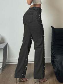 女式中腰直筒牛仔裤 - 珍珠装饰经典水洗牛仔裤 - 黑色 - 查看 6