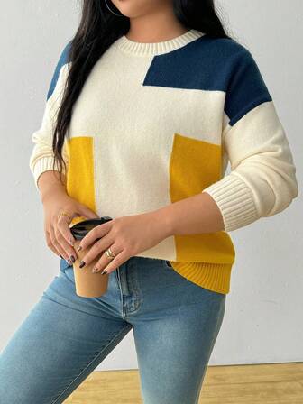 Plus Size Women Asymmetrical Color Block Drop Shoulder Sweater, Autumn/Winter