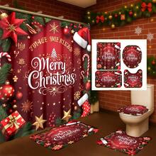1 pieza/4 piezas Juego de decoración de baño multifuncional con corona de flores navideña roja, incluye 12 ganchos gratis, con ambiente elegante navideño, decoración de invierno, alfombra de baño, alfombra de inodoro en forma de U y alfombra de inodoro redonda, adecuado para todos los escenarios de decoración navideña