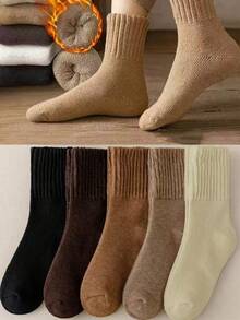 1/3/5 Pairs Random Solid Color Socks, Unisex, Autumn/Winter, Thickened & Thermal Lined, Suitable For Sleeping, Cozy Socks - Multicolor - View 9