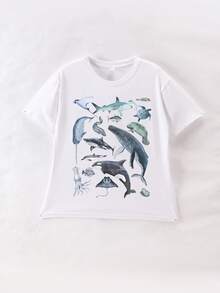 Tween Boy Marine Life Print Crew Neck T-Shirts Summer Boy's Casual Tee Soft Tops