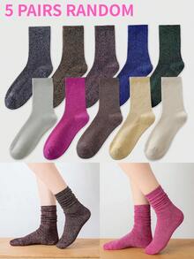 1/3/5 Pairs Women Metallic Thread Mid-Calf Socks, Breathable & Moisture-Wicking, Spring & Autumn