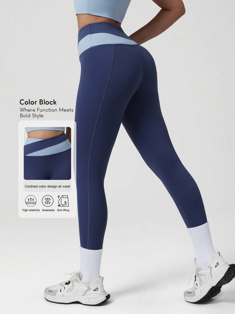 Sodalemon Color Blocking Fitness Gym Leggings For Women Running Casual Workout Tight Pants Elastic Waist Casual Outdoor Sport Leggings Tights - 藍色 - 查看 1