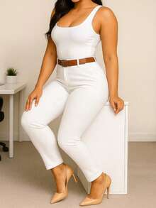 Pantalón de Vestir para Dama con Cinturón. Tela Strech. Ajuste Perfecto Push Up - Blanco - Ver 4