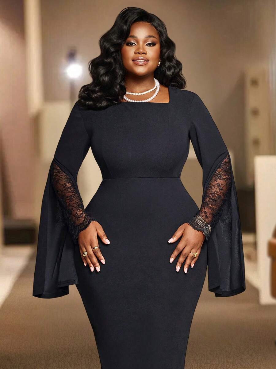 NOU 女式中长款蕾丝拼布连衣裙，不对称领口，收腰，修身，通勤舒适，休闲，优雅，浪漫，简约，适合办公室，日常穿着，春秋季 - 黑色 - 查看 1