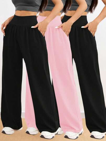 3件套女士宽松阔腿裤，轻便百搭，适合室内健身、户外运动、跑步、休闲穿着，高腰设计，侧边口袋，秋冬季紧身裤