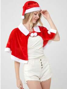 1pc/2pcs Christmas Cape Style Santa Claus Cape With Santa Hat, Suitable For Christmas Role-Playing, Dressing Up, Accessories, Masquerade, Party Cape Props: Seasonal Celebrations, Holiday Outfits, Holiday Clothing, Holiday Outfits, Comfortable To Wear, Durable Structure, Clothing Accessories, Party Props, Holiday Shoppers, Event Organizers - Red - View 5