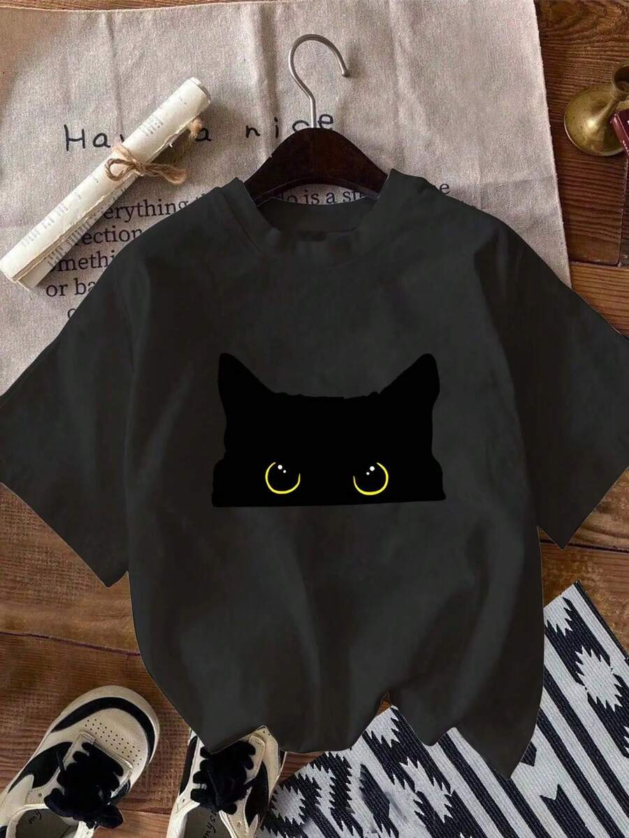 Fashion Letter Anime Print Women's Round Neck Pure Cotton T-Shirt, Simple Design, Comfortable And Breathable, Versatile Essential, Suitable For Daily Casual Wear, Shows Natural Elegant Style, Summer Party Essential, Local Delivery