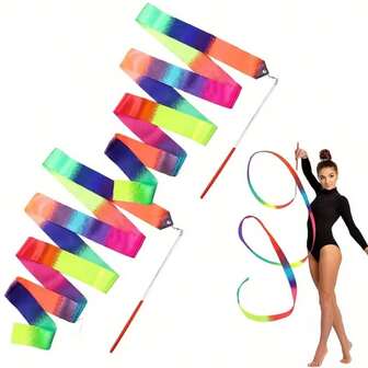 2pcs Women's Halloween Costume Colorful Ribbons, Rainbow Gradient Dance Silk Ribbons - Suitable For Gymnastics, Festivals, Squares, Dancing, Birthday Parties And Wedding Decorations (Pattern Color Placement Random)