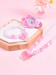 3pcs/Set Creative Movable Butterfly Quartz Watch, Children's Watch, Luxury Acrylic Princess Necklace & Bracelet Jewelry Set, Gift For Girls - Pink - View 6