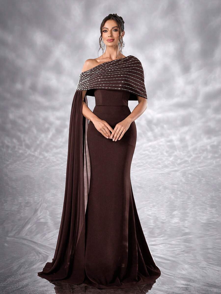 YISIKADO Women Elegant Ball Gown Rhinestone One Shoulder Shawl Sleeveless Formal Evening Dress Mermaid Fishtail Hem Prom Party Dress Elegant Wedding Guest Prom Party Banquet Dinner Graduation Adult Ceremony Celebration Concert Red Carpet Ceremonial Dress - 鏽棕色 - 查看 1