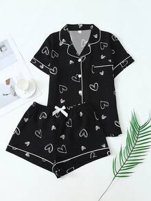 [Elegant Fields]Heart Print Contrast Piping PJ Set - Black - View 1