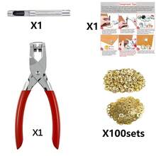 1套1/4英寸襯圈扣鉗套裝，夾眼鉤貼扣套裝含100顆襯圈扣，皮革服裝皮帶專用襯圈工具套裝