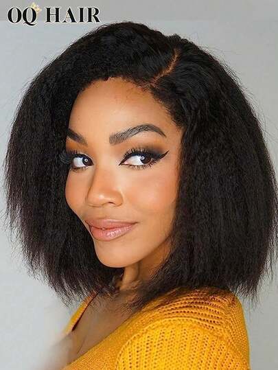 OQ Peluca de cabello humano rizado y liso con encaje transparente de 6x4 pulgadas, densidad del 180%, longitud de 8 a 14 pulgadas, sin pegamento, color natural, con línea del cabello natural, adecuada para boda, fin de semana, Halloween, con regalos gratis y envío gratuito, para mujeres