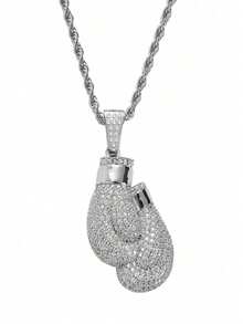 1pc Men's Boxing Glove & Rhinestone Pendant Necklace - Silver - View 8